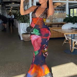 Robes décontractées Élégant Tie Dye Floral Robe en mousseline de soie Été Sexy Femmes Dos nu Dentelle Moulante Longue 2023 Beach Party Vestidos246O