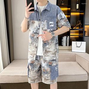 Erkek Trailtsits Yaz baskılı gömlek setleri yüksek kaliteli moda trend şort Hawai tarzı gündelik takım elbise erkek sokak kıyafetleri