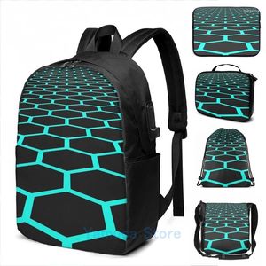 Mochila Impressão Gráfica Tridimensional Plano Hexagonal Perspectiva Carga USB Homens Sacos Escolares Mulheres Bolsa Viagem Laptop