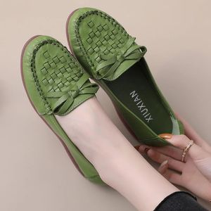 Dress Shoes Genuine Leather weave style Women Ladies Round Toe Casual Comfort female soft sole Flats walking footwear Spring Summer 231019