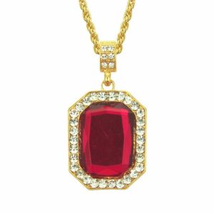 Hip Hop Bling Out Cubic Zirkonia Red Stone Square Naszyjniki dla mężczyzn biżuteria z 30 cali złoty łańcuch278d