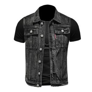 Män västar s-5xl denim väst män ärmlös jacka casual jeans räcke rippad smal passform manlig waistcoat vridning krage streetwe317t