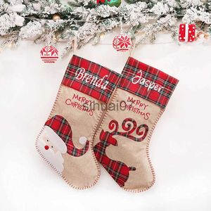 Decorazioni natalizie Nuove decorazioni natalizie Nome ricamato in lino Calze natalizie Lettere ricamate Sacchetto regalo caramelle Ciondolo albero di Natale x1019