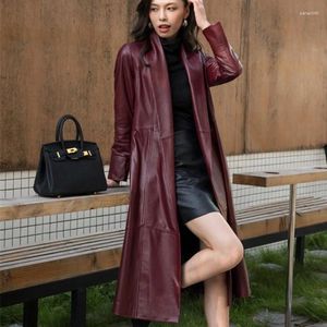 Women's Leather Jacket 2023 Elegant Women Long Sheepskin Genuine Belted Slim Fit Trench Coat Ladies Vintage Windbreaker R
