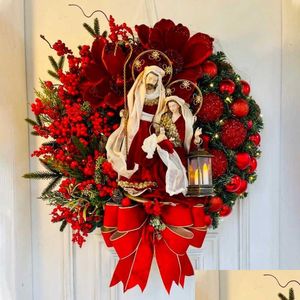 Decorative Flowers Wreaths Sacred Christmas Wreath With Lights Hanging Ornaments Front Door Wall Decorations Merry Tree Artificial Dhwuo