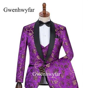 Gwenhwyfar 2019 Advance Style Shawl Black Lapel Groom Tuxedos Gold Floral Purple Men Suits Wedding Man Jacket Pants Vest X0276W