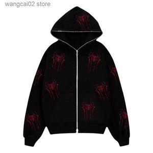 Herrtröjor tröjor rhinestones röd spindel y2k vinterkläder kvinnor zip upp långärmad svart hoodie 2023 gotisk punk mode casual pull tröjor t231019