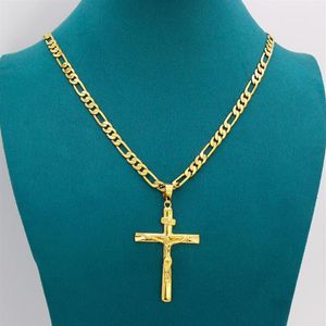 Verklig 10k gul fast fint guld GF Jesus Cross Crucifix Charm Big Pendant 55 35mm Figaro Chain Necklace 24 600 6mm303T