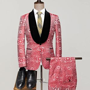 Herrspårar Luxury Mens Wedding Black Lapel Suits Red 2 Pieces Custom Groom Suit Dress Tuxedo Slim Fit Jacquard Blazer Jacket Pants Set Set