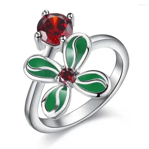 Anéis de cluster flor verde zircão vermelho anel banhado a prata joias da moda/BZSHPTFT HOGKQVVL