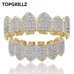 TOPGRILLZ Hip Hop GRILLZ Iced Out Zircon Fang Mouth Teeth Grillz Caps Top & Bottom Grill Set Men Women Vampire Grills2560