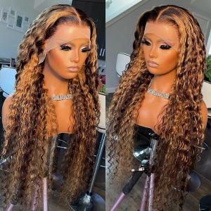 200% densitet 4/27 Deep Wave Wigs Glueless 360 Spets Frontal peruker Mänskligt hår Höjdpunkt ombre brun lockiga spetsar för kvinnor