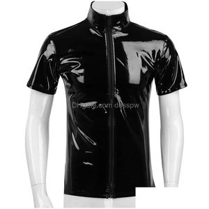 Mens T-Shirts Sexy Glossy Pvc Leather Short-Sleeved Shirt Erotic Sha Latex Casual Coat Male Shiny Metallic Patent Tops Drop Delivery