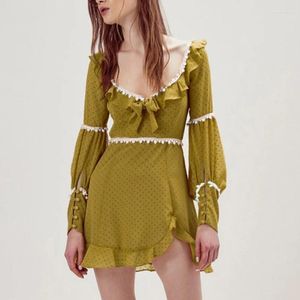 Casual Dresses Sexig kvinnors miniklänning ruffles tryckt dot hög midja lykta ärm