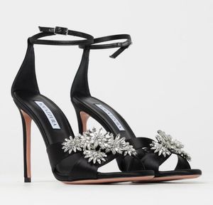 Elegant Aquazzuras Crystal Margarita Sandals Shoes Floral-embellishments Women Stiletto Heels Lady Party Wedding Dress Gladiator Sandalias With Box.EU35-43