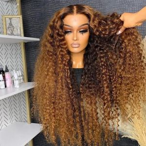 360 HD Lace Brontal Brontal Aightlization شعر مستعار الشعر البشري البشر البسكاني المجعد أومبير العسل بلون أشقر موجة 13x4