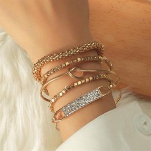 Armreif, Retro-Stil, Kettenarmband, 5-teiliges Set, Diamant, mehrschichtig, geometrisch, hohl, schlicht, kreativ, Schmuckset QW333085