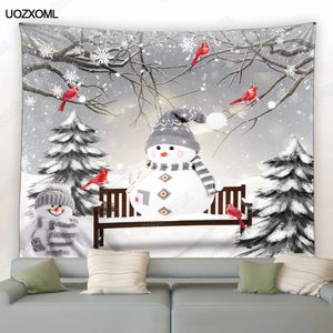Tapestries Funny Snowman Christmas Tapestry Red Birds Cedar Tree Forest Winter Landscape Year Xmas Home Living Room Decor Wall Hanging 231019