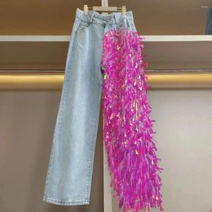 Damskie dżinsy modowe streetwear lady wiosna jesienna cekinowa splicowane stylowe kobiety dżinsowe spodnie luźne swobodne spodnie pantelones mujer
