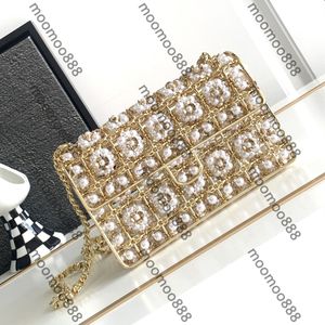 12A All-New Mirror Quality Designer Mini Evening Flap Bag 17cm Womens Rhinestone Pearl Clutch Luxurys Handbags Metal Purse Crossbody Shoulder Gold Chain Box Bags