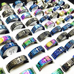 Whole 100pcs Lord's Prayer in English cross Stainless Steel Rings Men Women Fashion God the serenity prayer Ring mix colo263G