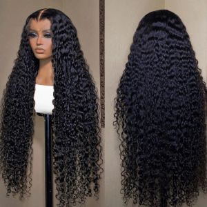 40 tum lockig spets främre mänskliga hår peruker för svarta kvinnor före plockad brasiliansk 13x4 djup våg frontal peruk syntetisk svart hd spets peruk