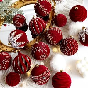 Dekoracje świąteczne Choinka Dekoracja kulowa Piłka Malowanie Balonka Flocking Dark Red Christmas Ball Pearl DIY Układ sceny wystrój 231019