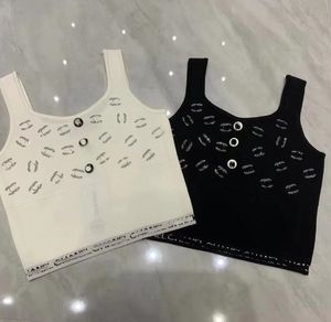 2023c Tasarımcı Giysileri Kadın Tank Top Parlak Rhinestone İnce Fit V Boyun Siyah ve Beyaz Örme Camisole