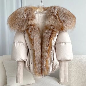 Womens Fur Faux Women Winter Coat White Goose Down Jacket With Big Real Silver Collar Female Loose Outerwear Fashion Overcoat 231018