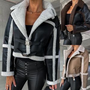 Kvinnor läder vinterkläder kvinnor faux jacka mode päls allt-i-ett långärmad lapel kort moto