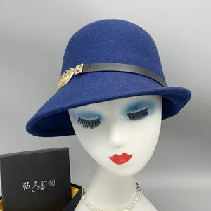 Baskar Lether Band Wool Felt Hats Royal Blue Bowler Hat Winter Women Fedoras