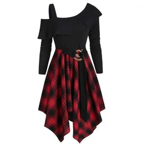 Casual Kleider Gothic Kleid Plaid Mini Party Womne Plus Größe Skew Neck Gürtel Taschentuch Goth Punk Vestidos205G