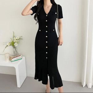 Black Slim Knitted Long Dress Women Single-breasted V-neck Short Sleeve Split Dresses Vintage Elegant Fashion Ladies Vestidos