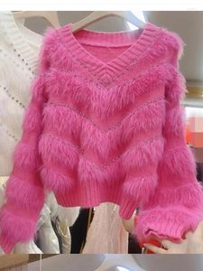 Kvinnors tröjor 2023 Höst- och vinter V-ringning Tunga industrin Rhinestone Pärlade Mink-liknande ledig stil Furry Sweet Loose Tweater for Women