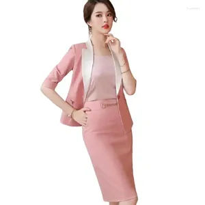 Duas peças vestido tops saias 2023 mulheres ternos rosa verão moda temperamento negócios formal fino blazer e saia escritório senhoras trabalho wear