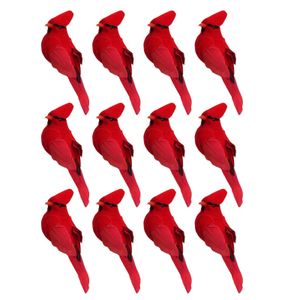 크리스마스 장식 12pcs 클립 온 인공 빨간 장식품 깃털 새 Xmas 231018