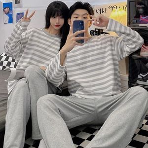 Men's Sleepwear Couple Pajamas Spring Autumn Cotton Long Sleeves Set Lovely Loose Thin Loungewear Striped Women Men