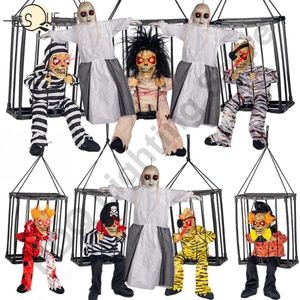 Other Event Party Supplies Halloween Decoration Prisoner Ghost In Cage Scary Skull Prop Electric Skeleton Toy Glowing Eye Sound Doll Hangable Talking Ghost 231019