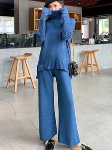 Kvinnor Tracksuits Autumn Winter Set for Women 2 Pieces High Neck Long Sweater Korean Fashion Pullover Suits Wide Ben Pants Loose Sticked 231018