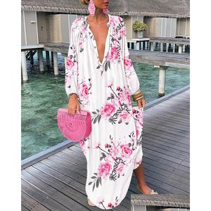 Casual Kleider Elegante Boho Hemd Kleid für Frauen Kleidung 2022 Frühling Sommer Vintage Übergroßen Druck Lange Midi Großhandel Drop Deliv