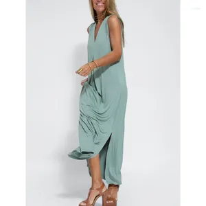 Casual Dresses Uoozee 2023 Summer V-neck Sleeveless Long Dress Adult Female Daily Solid Color Spandex Maxi For Women