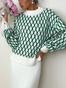 Женские вязаные футболки Зеленый свободный клетчатый свитер для женщин 2023 Осень Зима Мягкие теплые пуловеры Половина водолазки Вязаный топ с ромбовидными джемперами 231018