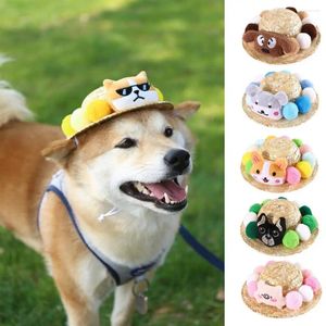 Abbigliamento per cani Cappello per animali Protezione solare Decorazione per costumi per feste Cartone animato Simpatico arredamento per bambole Pompon colorati Cavo regolabile Tesa larga Po Prop