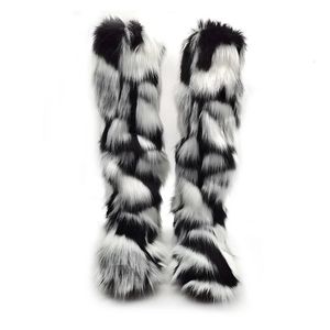 Stövlar 2023 Winter Knee-High Women Fur Brand Design Luxury Fluffy Long Female Tjock Non-Slip Cotton 231019