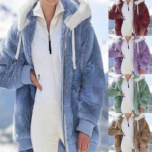 Women's Wool Blends Autumn Winter Women Warm Jacket Coat Fashion Plush solid color Zipper Pocket Hooded Outwear Top Plus Size S to 5Xl 231019