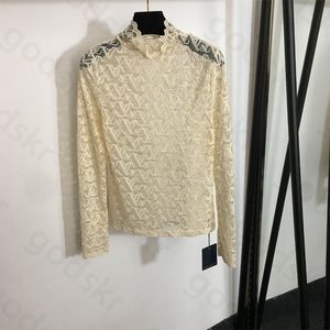 Luxury Lace Stand Collar Shirt Women Sexy Classic Breathable Loose Long Sleeve Knitwear T Shirt