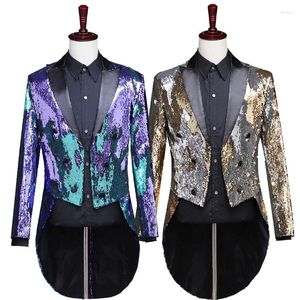 Ternos masculinos homens lantejoulas tailcoat smoking andorinha casaco caudas mudança de cor ouro e prata blazer jaqueta roupas de evento de baile