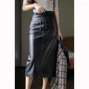 Skirts Sheepskin Skirt Women's Slashed Back Medium Length Buttock Straight Leather Drawstring Wrapped Genuine