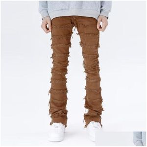 Mens Jeans Retrowork blossade byxor grunge vilda staplade rippade långa byxor raka y2k baggy tvättade blekna för män droppleverans