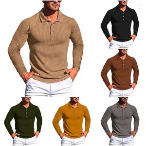 Men's Polos High Stretch Stripe POLO Shirts Men Slim Long-Sleeve Tops Tee Lapel Tshirt Elastic Ribbed Breathable Jersey Casual Knitted